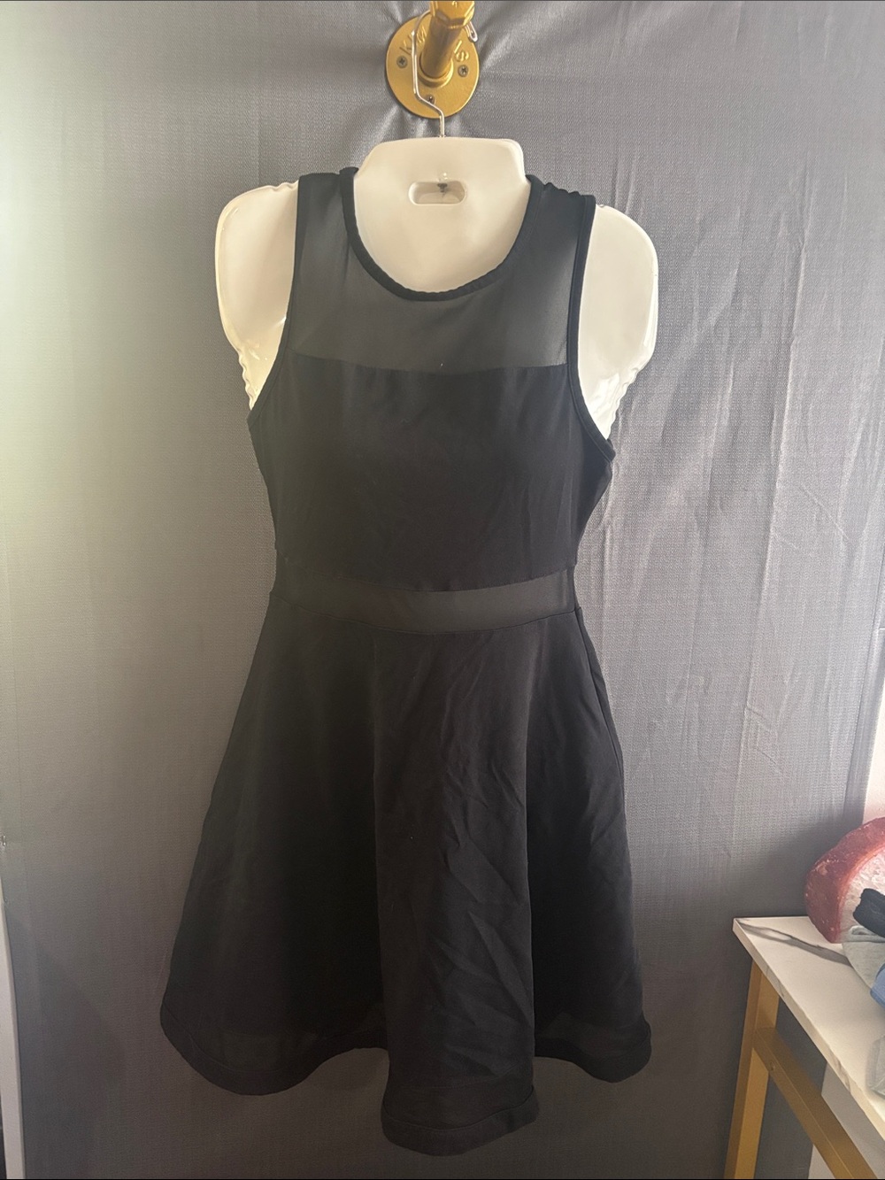 Black Sleeveless Mesh Yoke Fit-and-Flare Dress